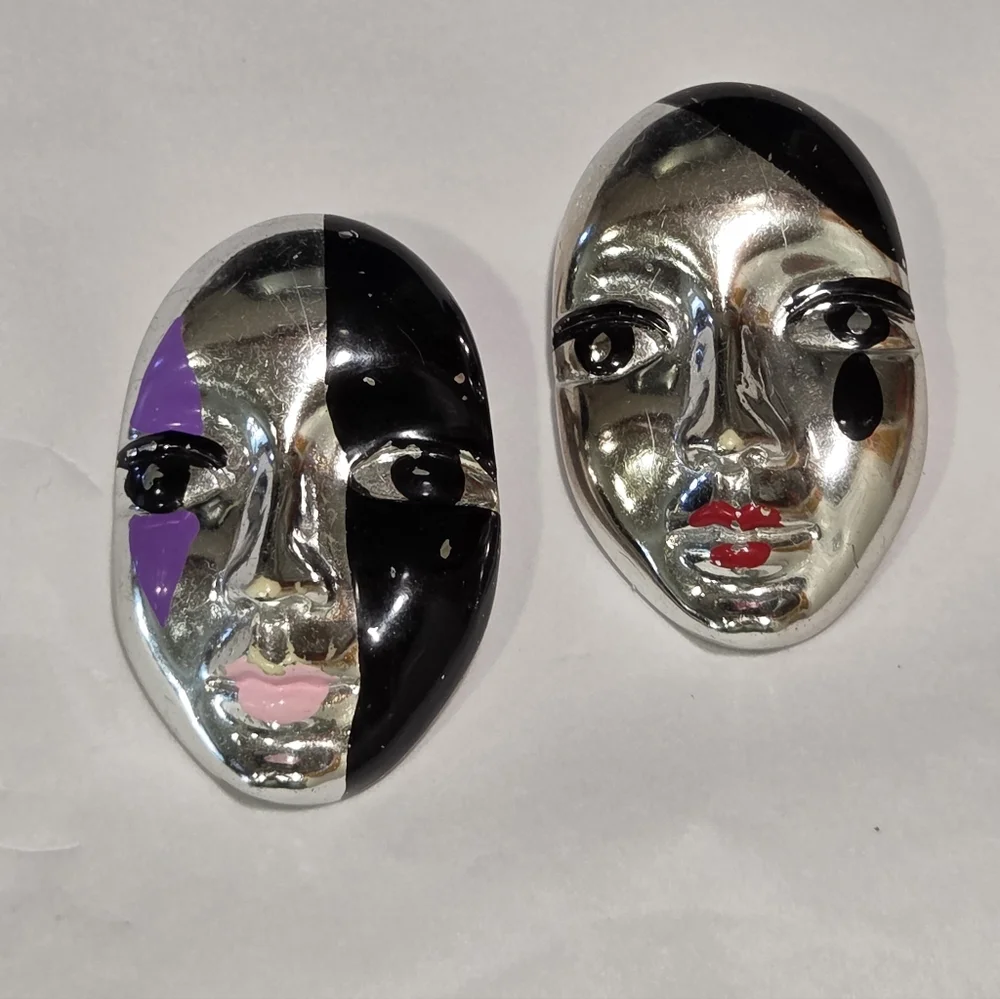 80s Vintage Pair Of Acrylic Plastic Silver Painted Harlequin Mask Brooches